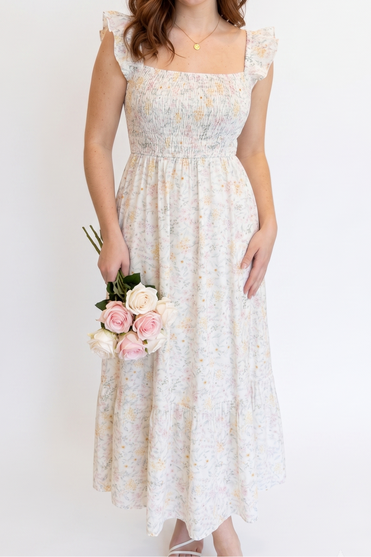 Robe midi Olivia fleurie à manches volantées